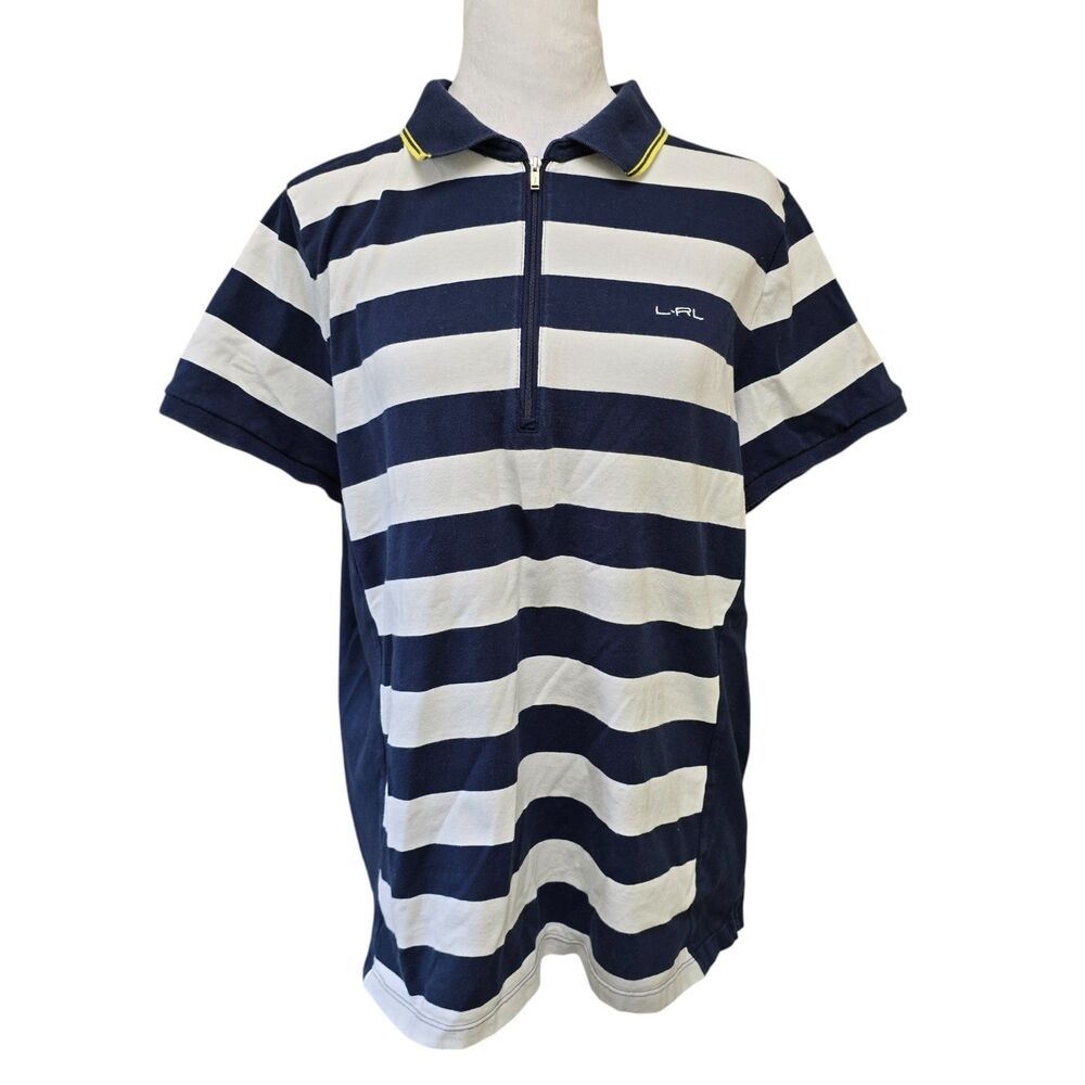 Lauren Ralph Lauren Active Zip Polo 2X Navy White Striped Preppy Nautical Sporty